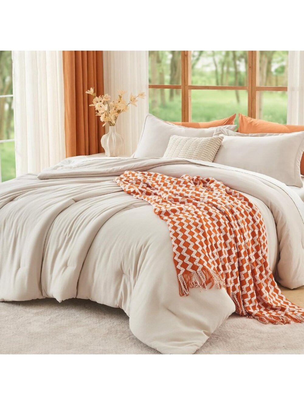 Cozy Beige Queen Comforter Set, 3-Piece Solid Bedding, All-Season Down